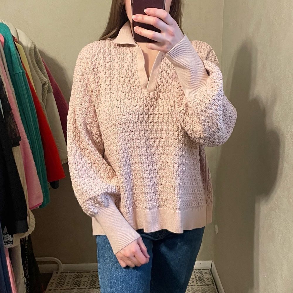 Mr Mittens Pointelle Knit Polo Sweater in Cameo Pink